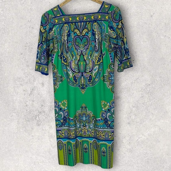 Studio One New York Green‎ Midi Dress Size 6 Stretch Boho Print 3/4 Length Boho - Picture 4 of 11